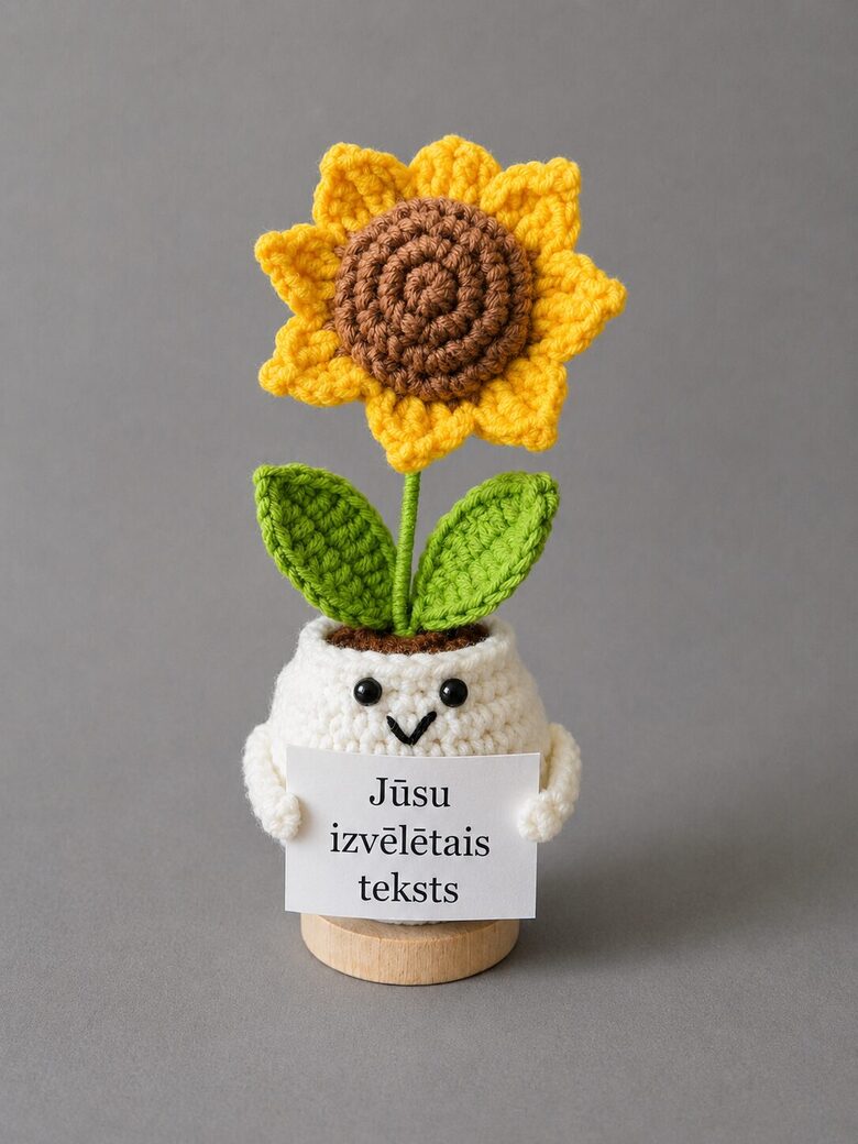 Saulespuķe podiņā ar Jūsu personalizētu vēstījumu uz kartiņas 