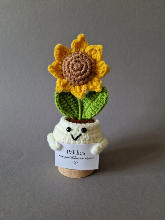 Tamborēta saulespuķe podiņā ar kartiņu "Paldies par pacietību un rūpēm!"