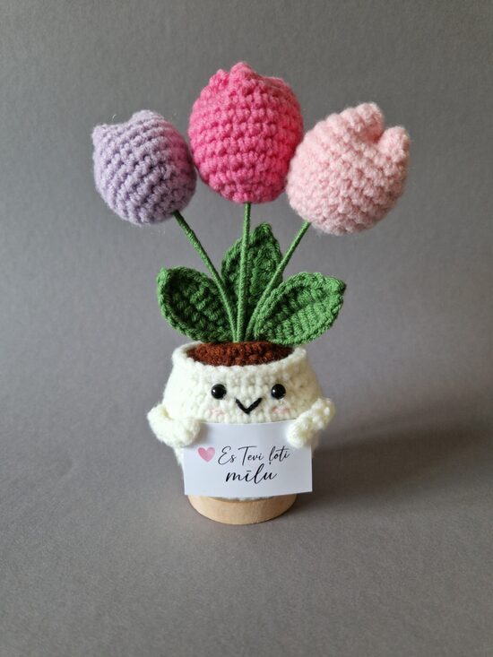 Tamborēts tulpju podiņš ar kartiņu "Es Tevi ļoti mīlu!"
