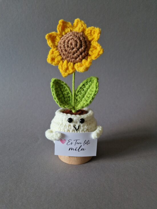 Tamborēta saulespuķe podiņā ar kartiņu "Es Tevi ļoti mīlu!"