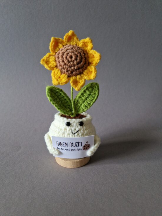 Tamborēta saulespuķe podiņā ar kartiņu "Paņem pauzīti, tu to esi pelnījis!"