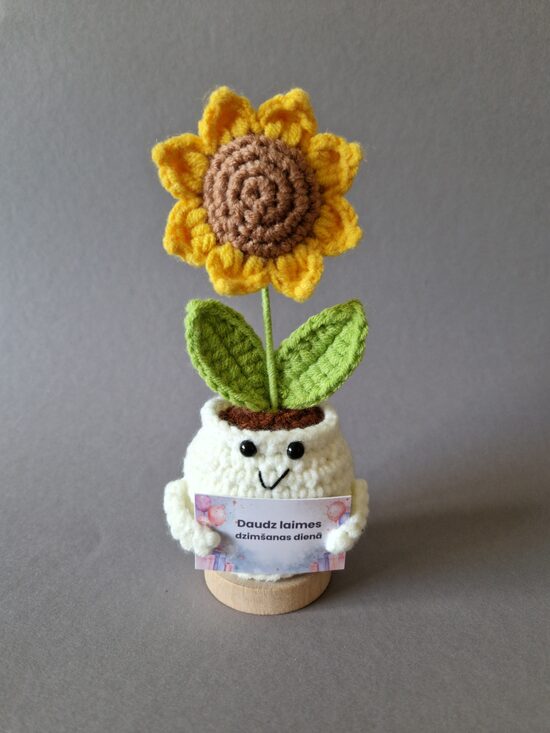 Tamborēta saulespuķe podiņā ar kartiņu "Daudz laimes dzimšanas dienā!"