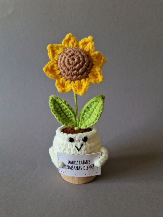 Tamborēta saulespuķe podiņā ar kartiņu "Daudz laimes dzimšanas dienā!"
