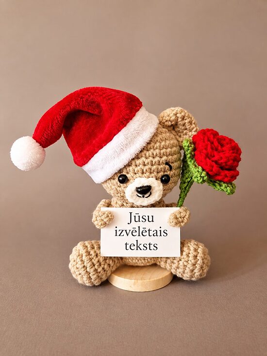 Ziemassvētku lācītis ar rozīti un TAVU NOVĒLEJUMU UZ KARTIŅAS 